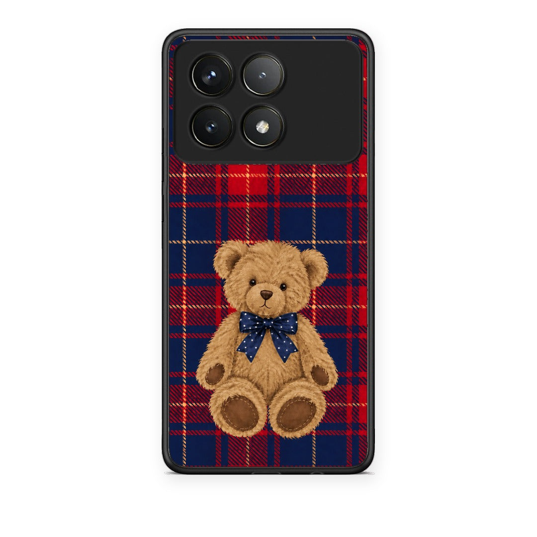 Θήκη Xiaomi Poco F6 Pro 5G Teddy Bear on Red and Navy Tartan από τη Smartfits με σχέδιο στο πίσω μέρος και μαύρο περίβλημα | Xiaomi Poco F6 Pro 5G Teddy Bear on Red and Navy Tartan case with colorful back and black bezels