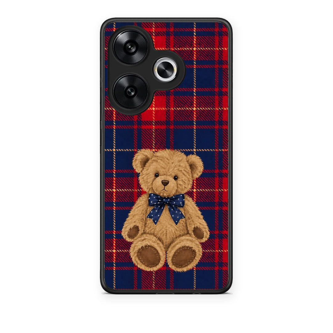 Θήκη Xiaomi Poco F6 Teddy Bear on Red and Navy Tartan από τη Smartfits με σχέδιο στο πίσω μέρος και μαύρο περίβλημα | Xiaomi Poco F6 Teddy Bear on Red and Navy Tartan case with colorful back and black bezels