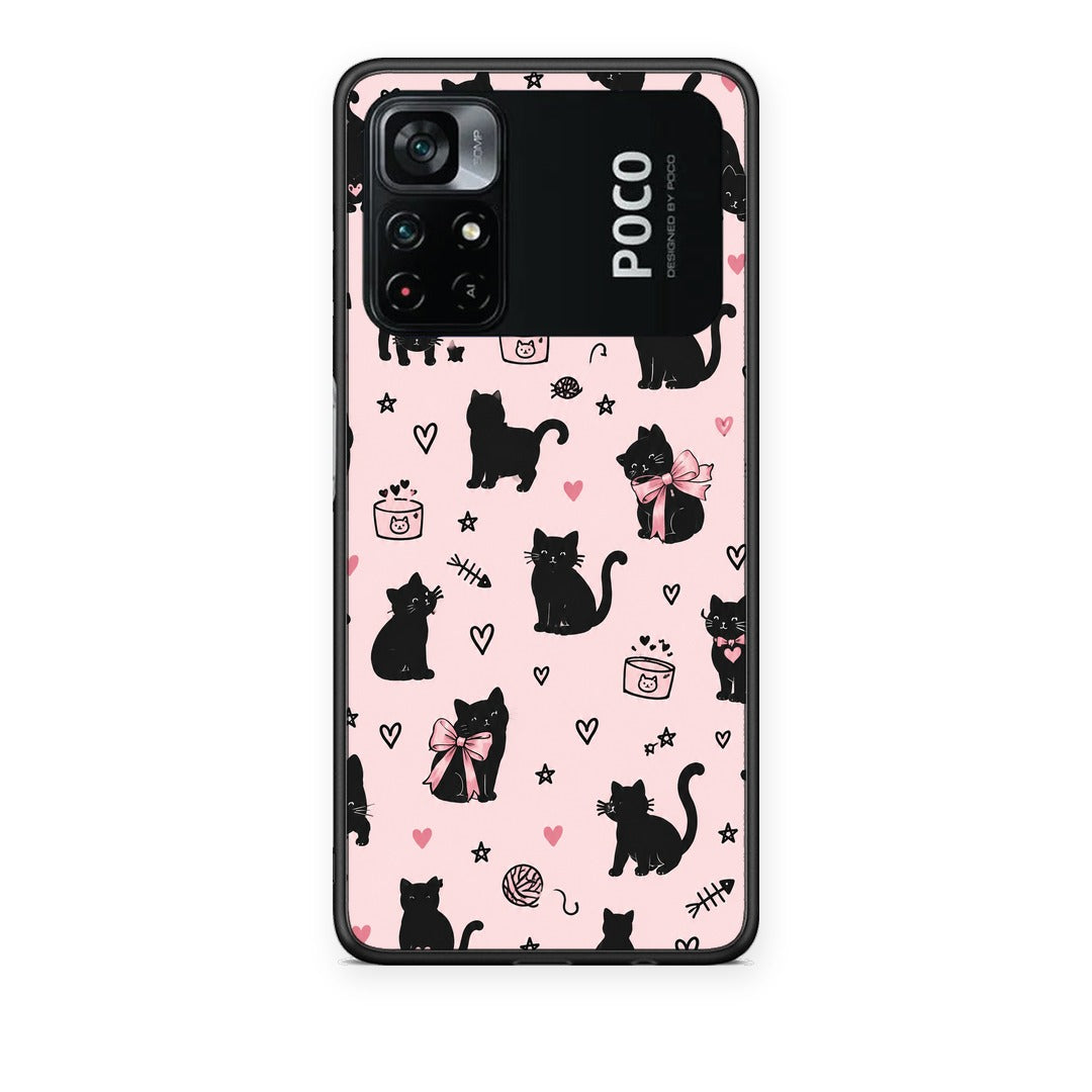 Θήκη Xiaomi Poco M4 Pro 4G Black Cat Doodles on Pink από τη Smartfits με σχέδιο στο πίσω μέρος και μαύρο περίβλημα | Xiaomi Poco M4 Pro 4G Black Cat Doodles on Pink case with colorful back and black bezels