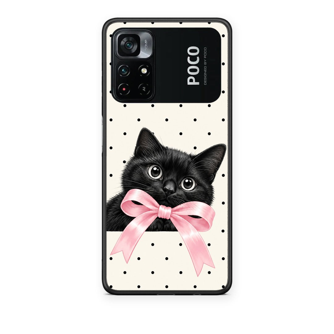 Θήκη Xiaomi Poco M4 Pro 4G Black Kitten Pink Bow and Polka Dots από τη Smartfits με σχέδιο στο πίσω μέρος και μαύρο περίβλημα | Xiaomi Poco M4 Pro 4G Black Kitten Pink Bow and Polka Dots case with colorful back and black bezels