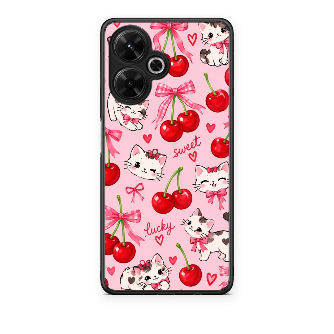 Θήκη Xiaomi Poco M6 4G Cherries Bows and Kittens on Pink από τη Smartfits με σχέδιο στο πίσω μέρος και μαύρο περίβλημα | Xiaomi Poco M6 4G Cherries Bows and Kittens on Pink case with colorful back and black bezels