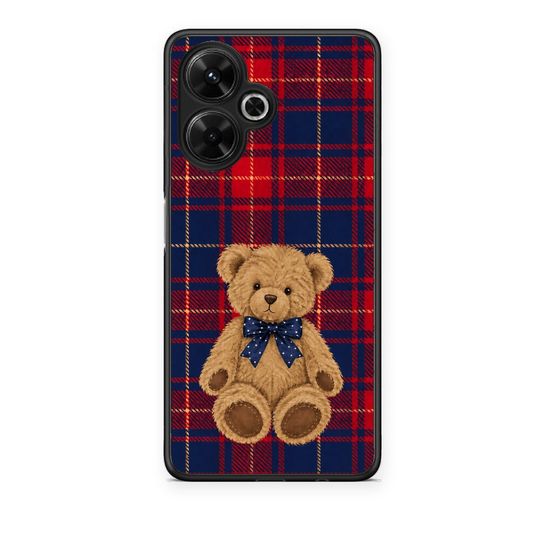 Θήκη Xiaomi Poco M6 4G Teddy Bear on Red and Navy Tartan από τη Smartfits με σχέδιο στο πίσω μέρος και μαύρο περίβλημα | Xiaomi Poco M6 4G Teddy Bear on Red and Navy Tartan case with colorful back and black bezels