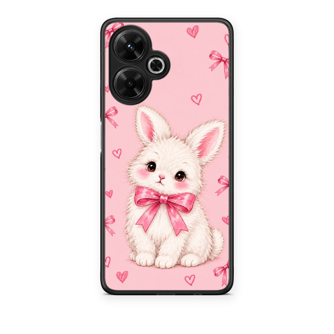 Θήκη Xiaomi Poco M6 4G White Bunny and Pink Bows από τη Smartfits με σχέδιο στο πίσω μέρος και μαύρο περίβλημα | Xiaomi Poco M6 4G White Bunny and Pink Bows case with colorful back and black bezels