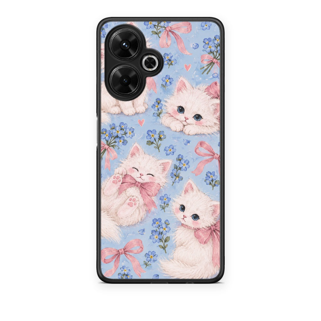 Θήκη Xiaomi Poco M6 4G White Kittens and Blue Flowers Large από τη Smartfits με σχέδιο στο πίσω μέρος και μαύρο περίβλημα | Xiaomi Poco M6 4G White Kittens and Blue Flowers Large case with colorful back and black bezels