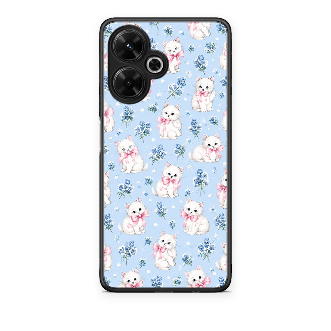 Θήκη Xiaomi Poco M6 4G White Kittens and Blue Flowers Small από τη Smartfits με σχέδιο στο πίσω μέρος και μαύρο περίβλημα | Xiaomi Poco M6 4G White Kittens and Blue Flowers Small case with colorful back and black bezels