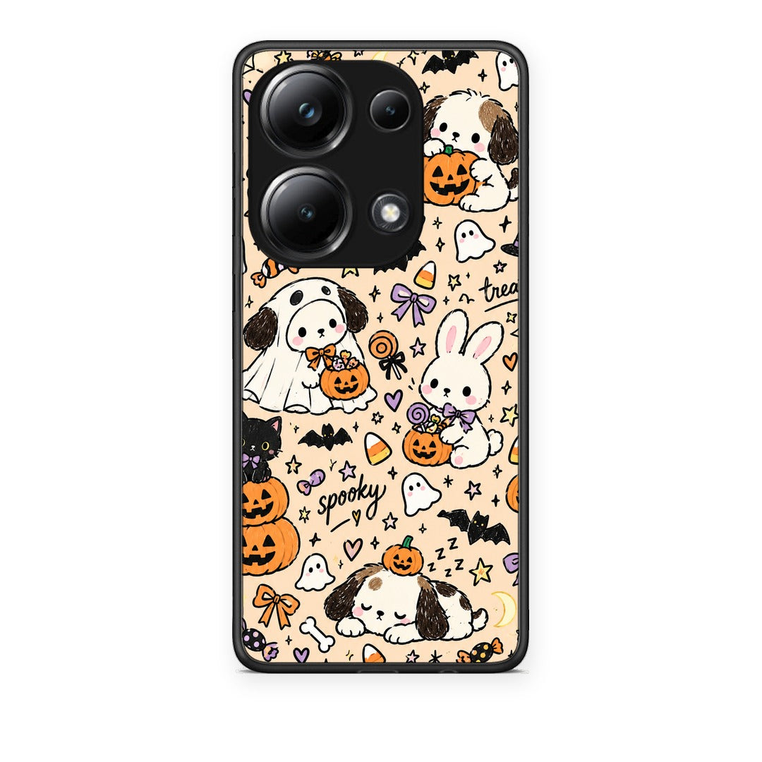 Θήκη Xiaomi Poco M6 Pro Halloween Puppies and Friends on Cream από τη Smartfits με σχέδιο στο πίσω μέρος και μαύρο περίβλημα | Xiaomi Poco M6 Pro Halloween Puppies and Friends on Cream case with colorful back and black bezels