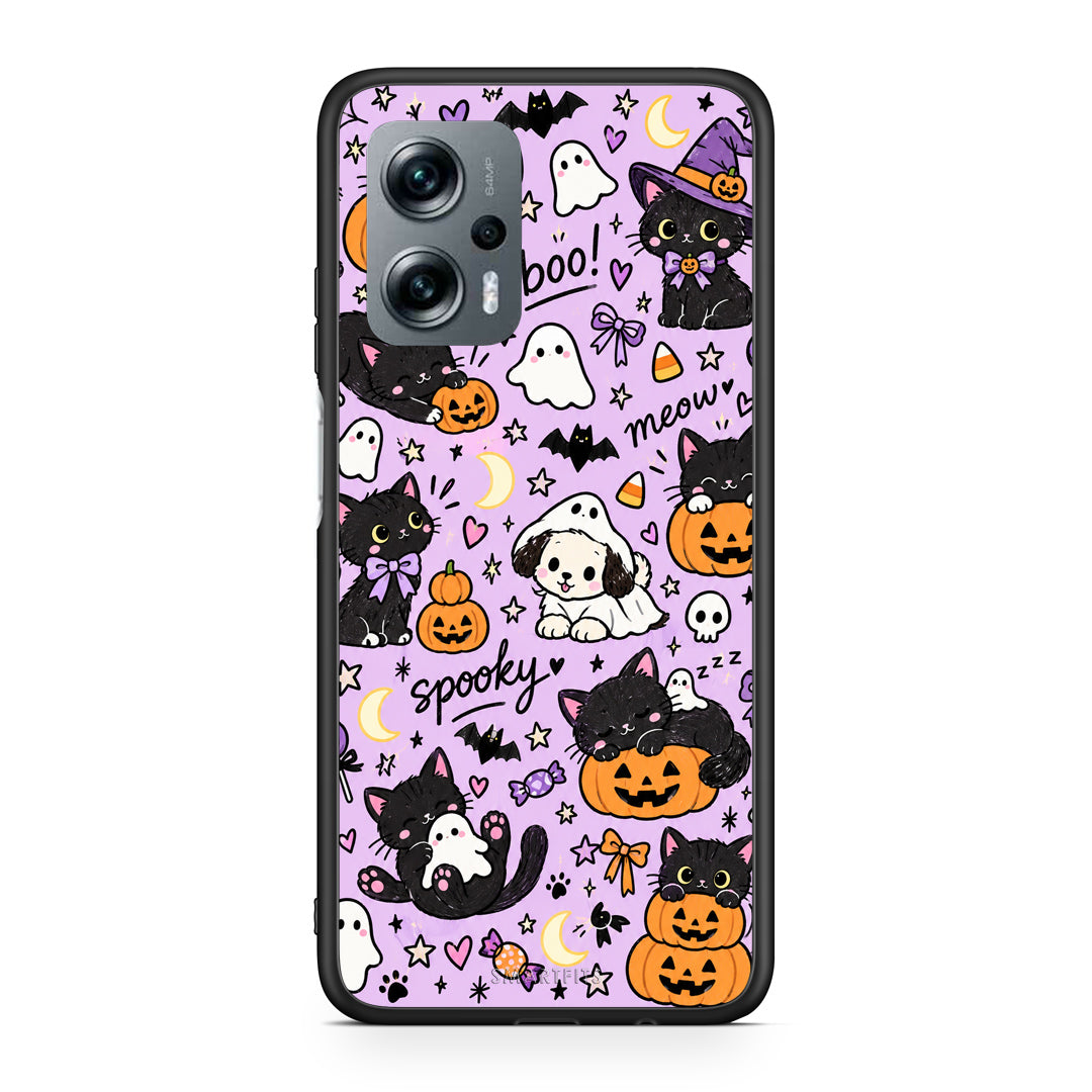Θήκη Xiaomi Poco X4 GT Halloween Black Cats on Lilac από τη Smartfits με σχέδιο στο πίσω μέρος και μαύρο περίβλημα | Xiaomi Poco X4 GT Halloween Black Cats on Lilac case with colorful back and black bezels