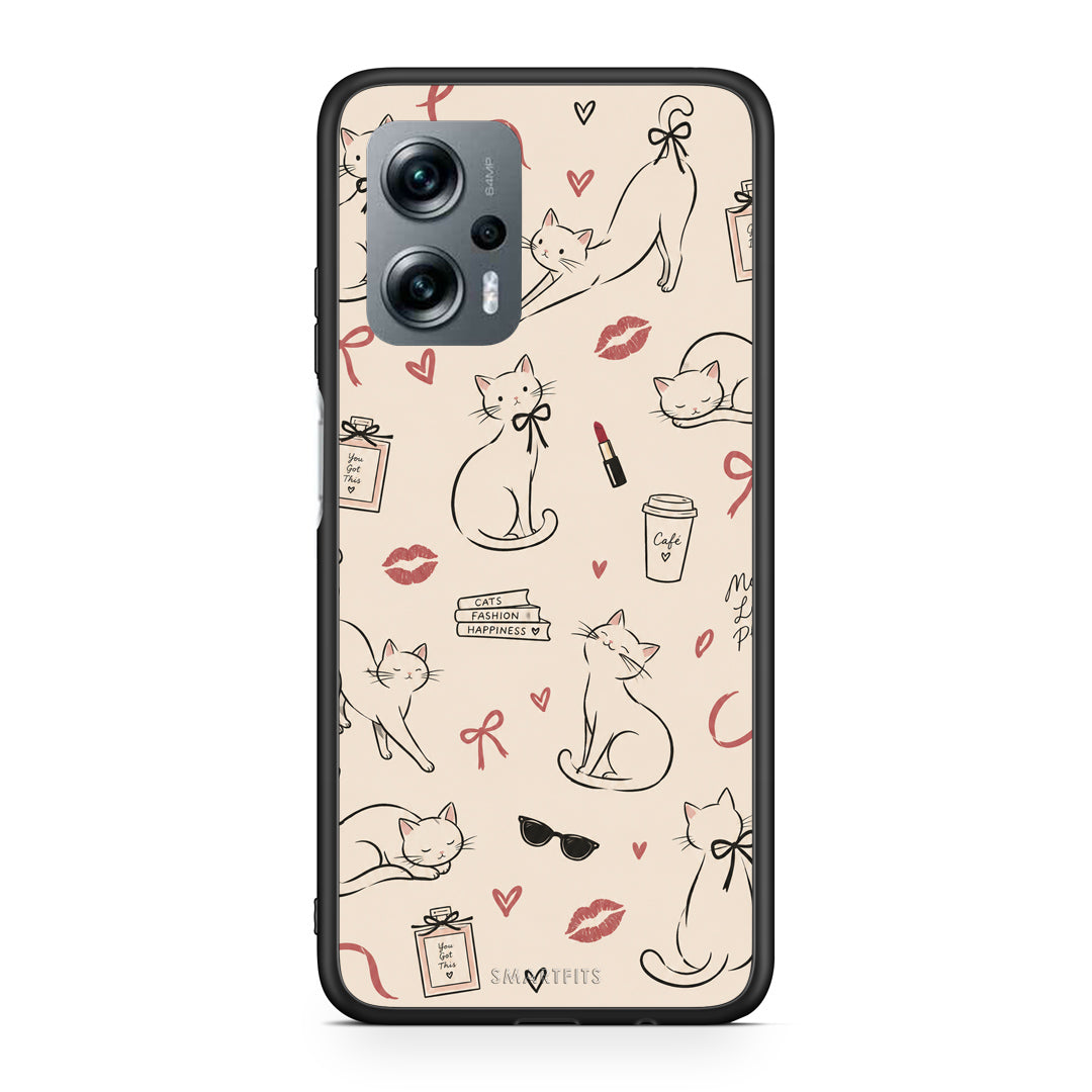 Θήκη Xiaomi Poco X4 GT Minimal Cat and Fashion Doodles on Cream από τη Smartfits με σχέδιο στο πίσω μέρος και μαύρο περίβλημα | Xiaomi Poco X4 GT Minimal Cat and Fashion Doodles on Cream case with colorful back and black bezels