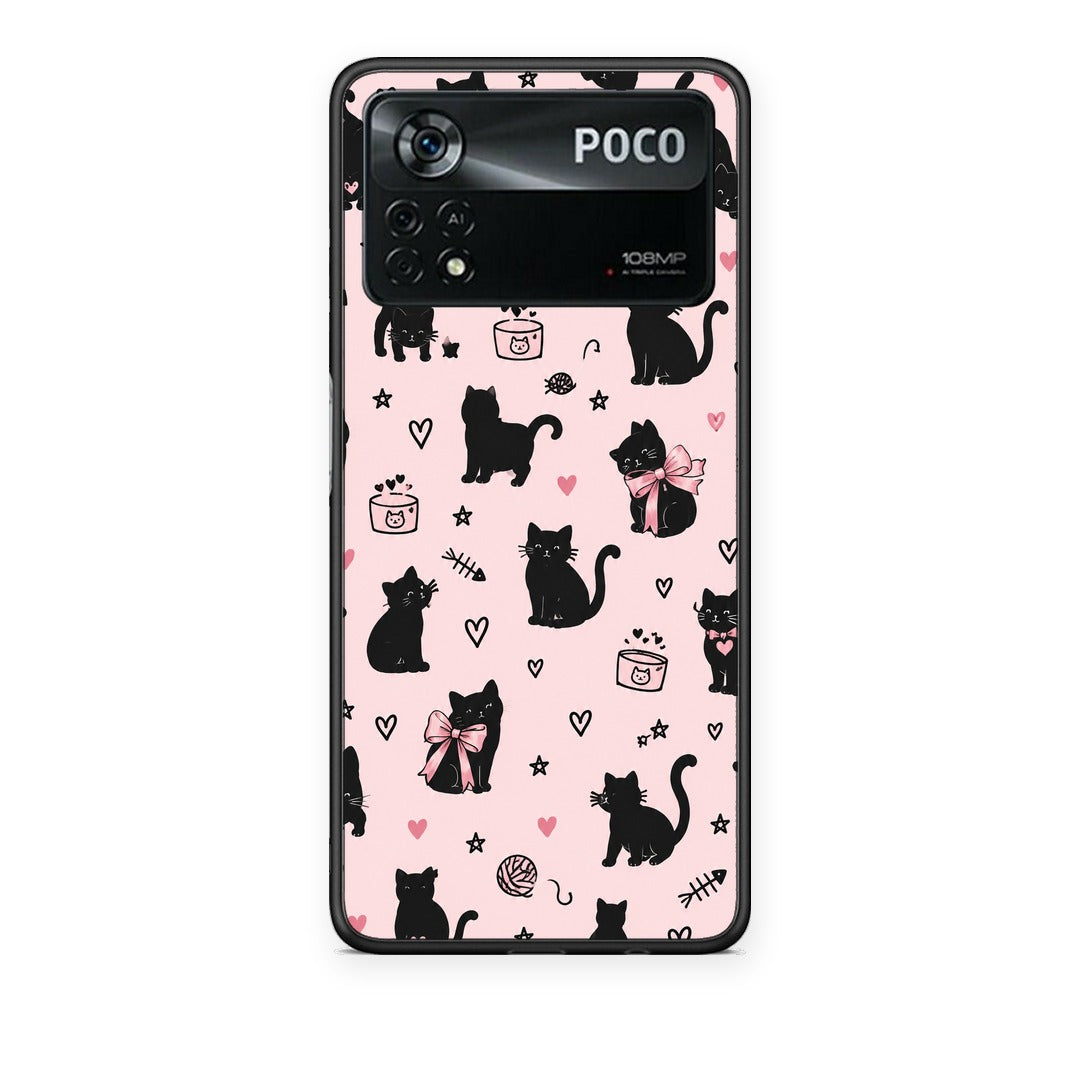 Θήκη Xiaomi Poco X4 Pro 5G Black Cat Doodles on Pink από τη Smartfits με σχέδιο στο πίσω μέρος και μαύρο περίβλημα | Xiaomi Poco X4 Pro 5G Black Cat Doodles on Pink case with colorful back and black bezels