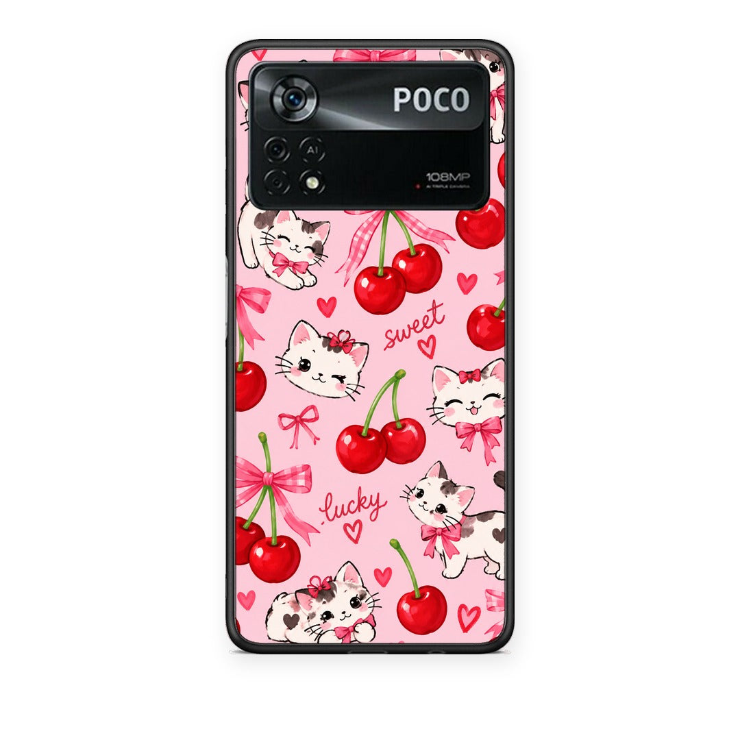 Θήκη Xiaomi Poco X4 Pro 5G Cherries Bows and Kittens on Pink από τη Smartfits με σχέδιο στο πίσω μέρος και μαύρο περίβλημα | Xiaomi Poco X4 Pro 5G Cherries Bows and Kittens on Pink case with colorful back and black bezels