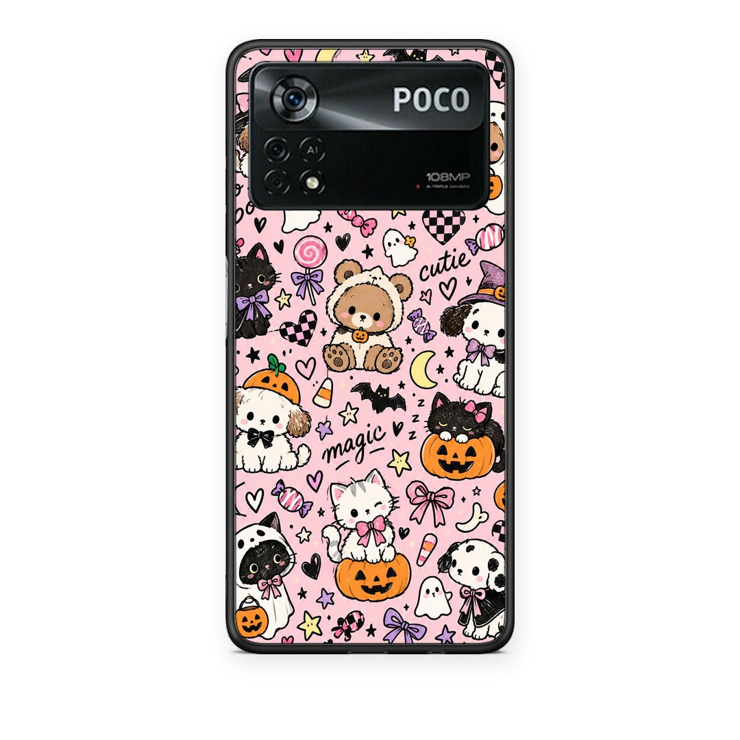 Θήκη Xiaomi Poco X4 Pro 5G Halloween Cute Animals on Pink από τη Smartfits με σχέδιο στο πίσω μέρος και μαύρο περίβλημα | Xiaomi Poco X4 Pro 5G Halloween Cute Animals on Pink case with colorful back and black bezels