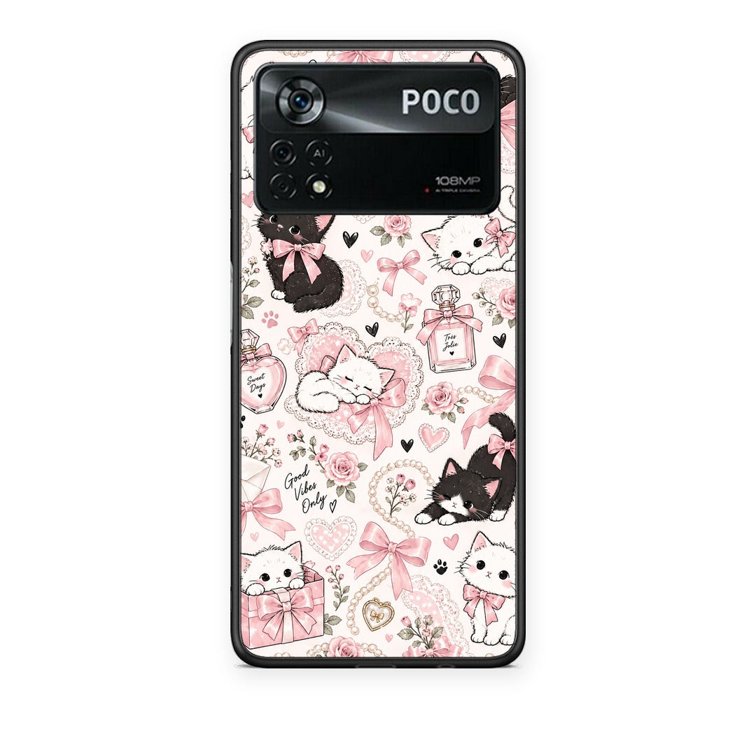 Θήκη Xiaomi Poco X4 Pro 5G Pink Bows and Kittens Collage από τη Smartfits με σχέδιο στο πίσω μέρος και μαύρο περίβλημα | Xiaomi Poco X4 Pro 5G Pink Bows and Kittens Collage case with colorful back and black bezels
