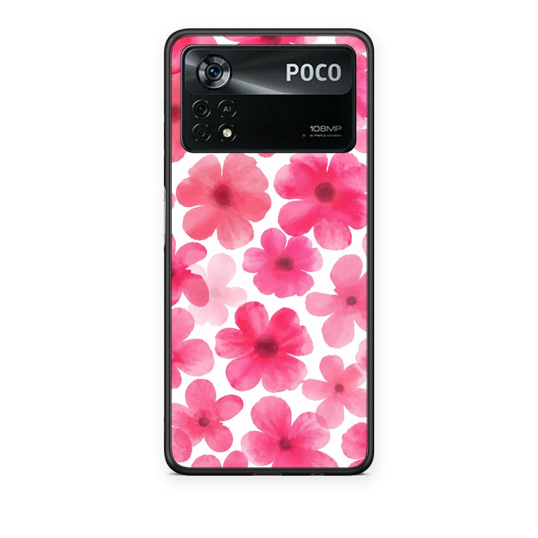 Θήκη Xiaomi Poco X4 Pro 5G Pink Watercolour Flowers on White από τη Smartfits με σχέδιο στο πίσω μέρος και μαύρο περίβλημα | Xiaomi Poco X4 Pro 5G Pink Watercolour Flowers on White case with colorful back and black bezels