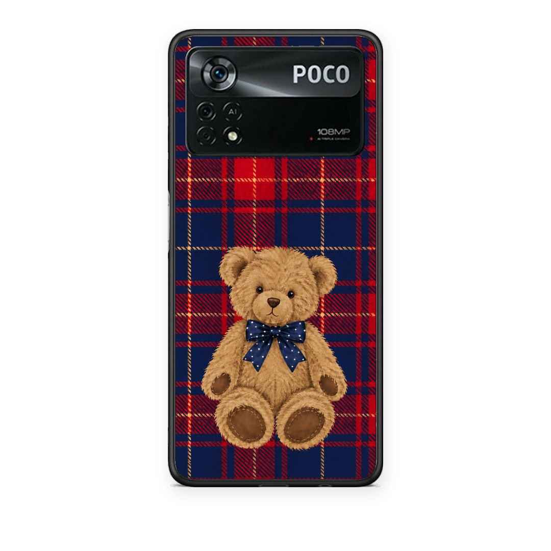 Θήκη Xiaomi Poco X4 Pro 5G Teddy Bear on Red and Navy Tartan από τη Smartfits με σχέδιο στο πίσω μέρος και μαύρο περίβλημα | Xiaomi Poco X4 Pro 5G Teddy Bear on Red and Navy Tartan case with colorful back and black bezels