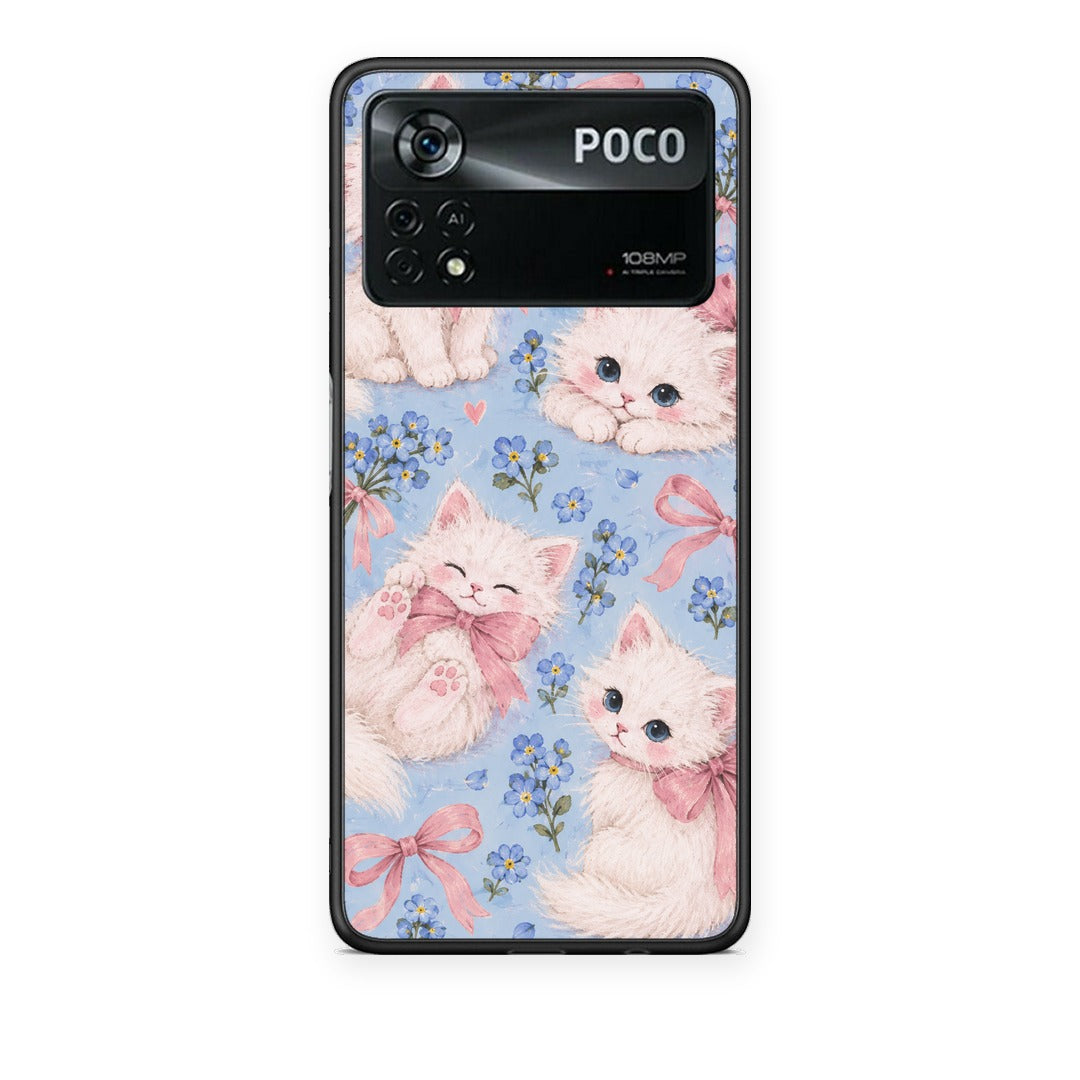 Θήκη Xiaomi Poco X4 Pro 5G White Kittens and Blue Flowers Large από τη Smartfits με σχέδιο στο πίσω μέρος και μαύρο περίβλημα | Xiaomi Poco X4 Pro 5G White Kittens and Blue Flowers Large case with colorful back and black bezels