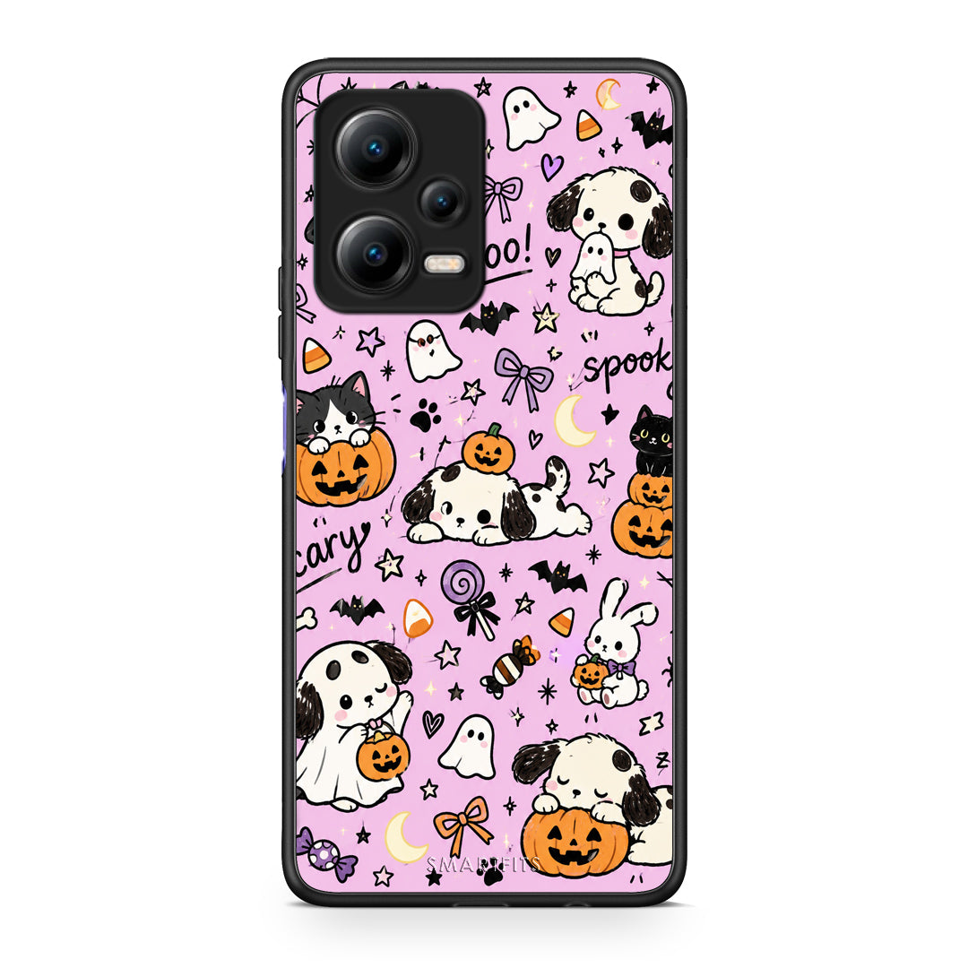 Θήκη Xiaomi Redmi Note 12 5G Halloween Puppies and Friends on Lilac από τη Smartfits με σχέδιο στο πίσω μέρος και μαύρο περίβλημα | Xiaomi Redmi Note 12 5G Halloween Puppies and Friends on Lilac case with colorful back and black bezels