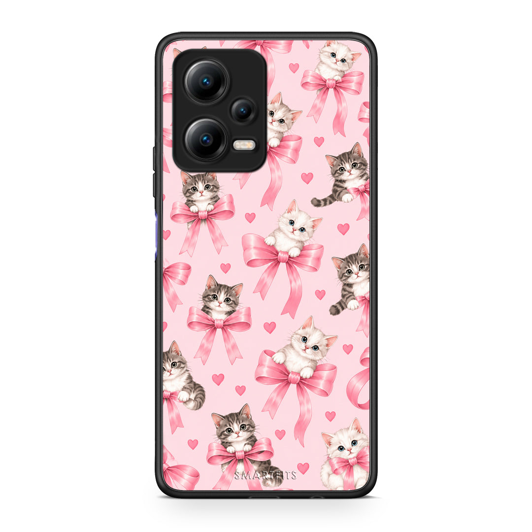 Θήκη Xiaomi Redmi Note 12 5G Kittens and Pink Bows on Pink από τη Smartfits με σχέδιο στο πίσω μέρος και μαύρο περίβλημα | Xiaomi Redmi Note 12 5G Kittens and Pink Bows on Pink case with colorful back and black bezels