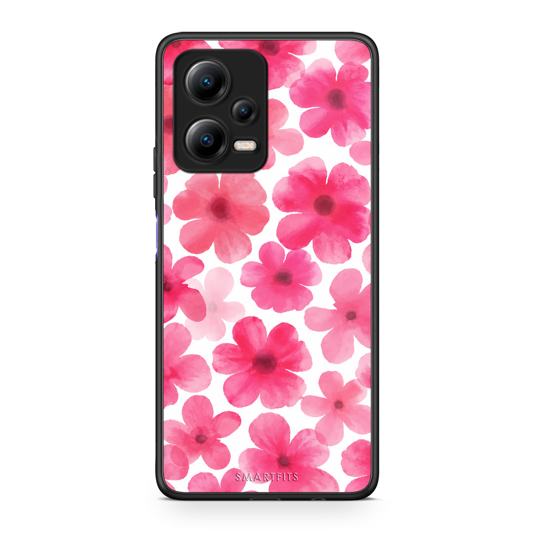 Θήκη Xiaomi Redmi Note 12 5G Pink Watercolour Flowers on White από τη Smartfits με σχέδιο στο πίσω μέρος και μαύρο περίβλημα | Xiaomi Redmi Note 12 5G Pink Watercolour Flowers on White case with colorful back and black bezels