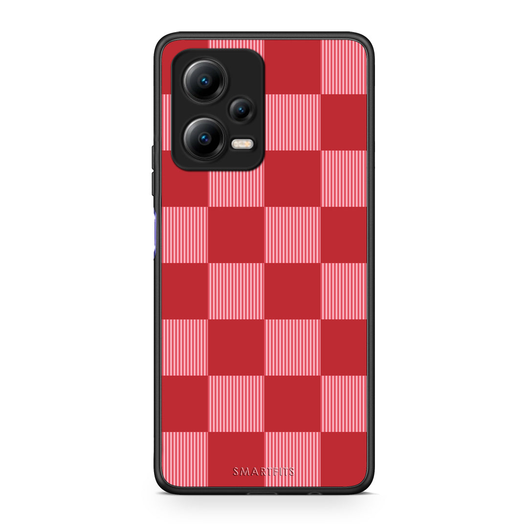 Θήκη Xiaomi Redmi Note 12 5G Red and Pink Striped Checks από τη Smartfits με σχέδιο στο πίσω μέρος και μαύρο περίβλημα | Xiaomi Redmi Note 12 5G Red and Pink Striped Checks case with colorful back and black bezels