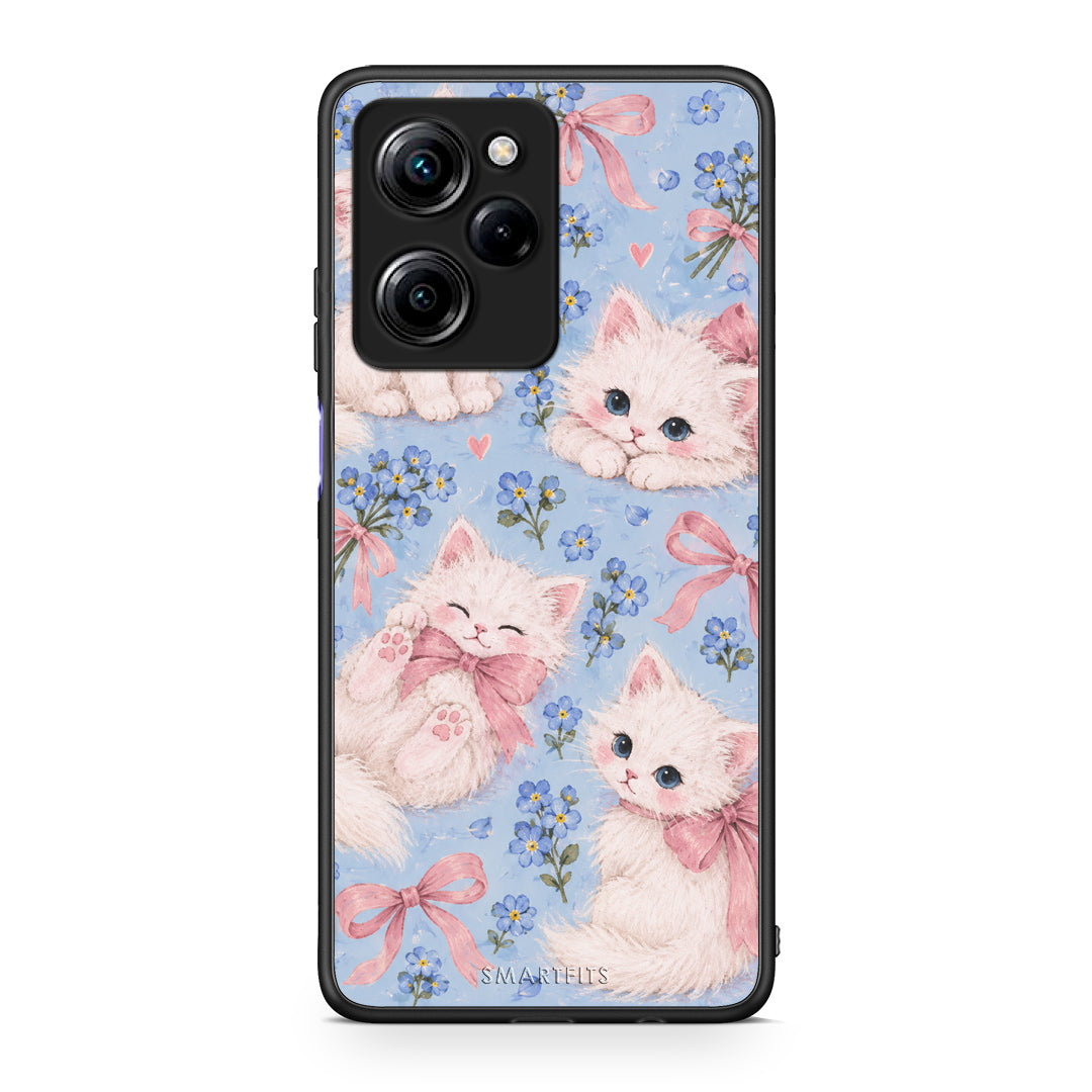 Θήκη Xiaomi Poco X5 Pro 5G Dual White Kittens and Blue Flowers Large από τη Smartfits με σχέδιο στο πίσω μέρος και μαύρο περίβλημα | Xiaomi Poco X5 Pro 5G Dual White Kittens and Blue Flowers Large case with colorful back and black bezels