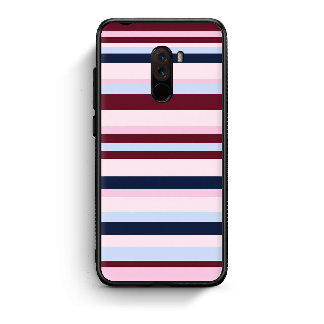 Θήκη Xiaomi Pocophone F1 Burgundy Pink and Blue Horizontal Stripes από τη Smartfits με σχέδιο στο πίσω μέρος και μαύρο περίβλημα | Xiaomi Pocophone F1 Burgundy Pink and Blue Horizontal Stripes case with colorful back and black bezels