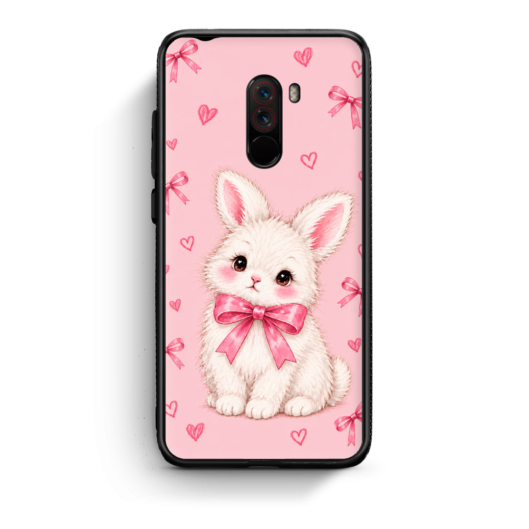 Θήκη Xiaomi Pocophone F1 White Bunny and Pink Bows από τη Smartfits με σχέδιο στο πίσω μέρος και μαύρο περίβλημα | Xiaomi Pocophone F1 White Bunny and Pink Bows case with colorful back and black bezels