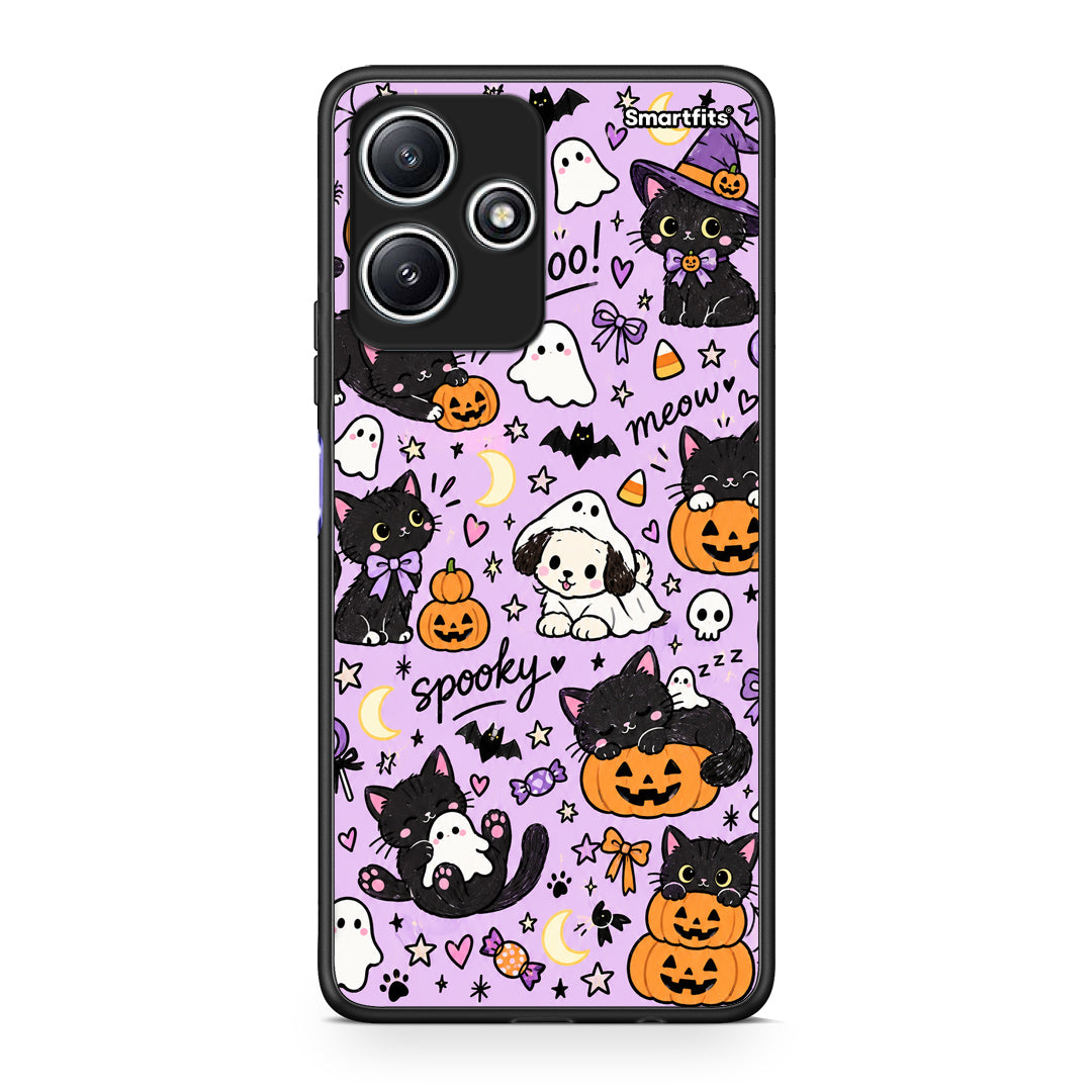 Θήκη Xiaomi Redmi 12 5G Halloween Black Cats on Lilac από τη Smartfits με σχέδιο στο πίσω μέρος και μαύρο περίβλημα | Xiaomi Redmi 12 5G Halloween Black Cats on Lilac case with colorful back and black bezels