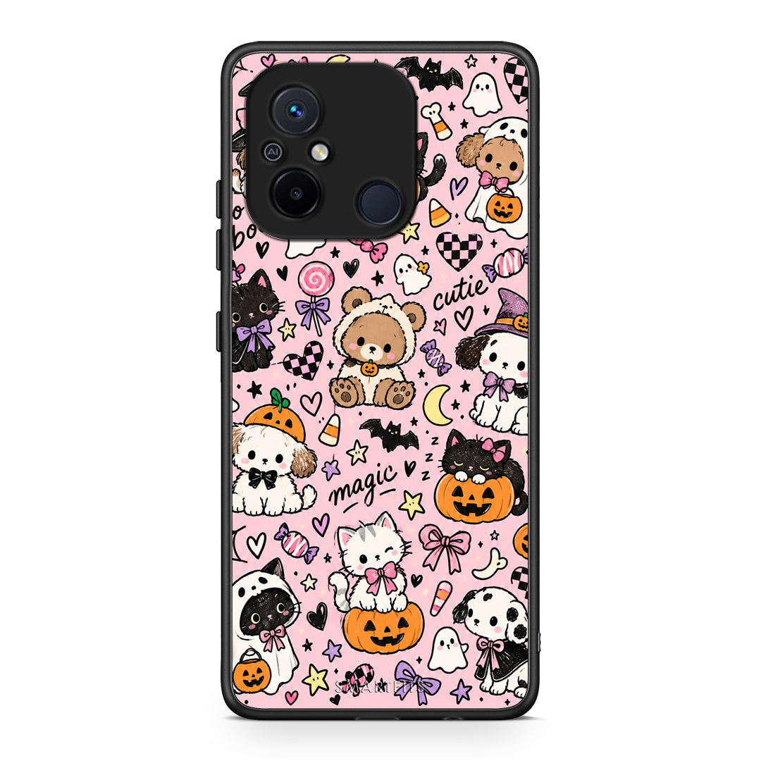 Θήκη Xiaomi Poco C55 Halloween Cute Animals on Pink από τη Smartfits με σχέδιο στο πίσω μέρος και μαύρο περίβλημα | Xiaomi Poco C55 Halloween Cute Animals on Pink case with colorful back and black bezels