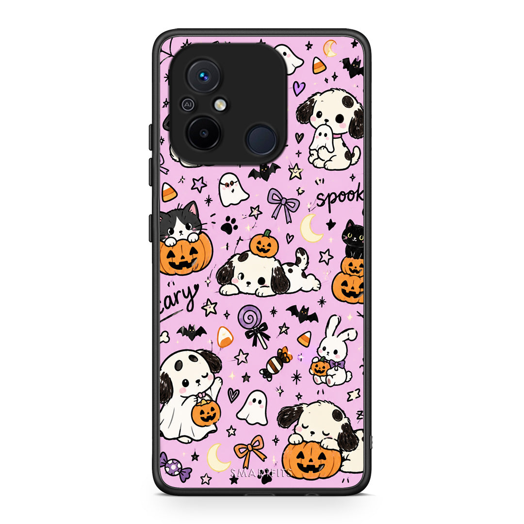 Θήκη Xiaomi Poco C55 Halloween Puppies and Friends on Lilac από τη Smartfits με σχέδιο στο πίσω μέρος και μαύρο περίβλημα | Xiaomi Poco C55 Halloween Puppies and Friends on Lilac case with colorful back and black bezels