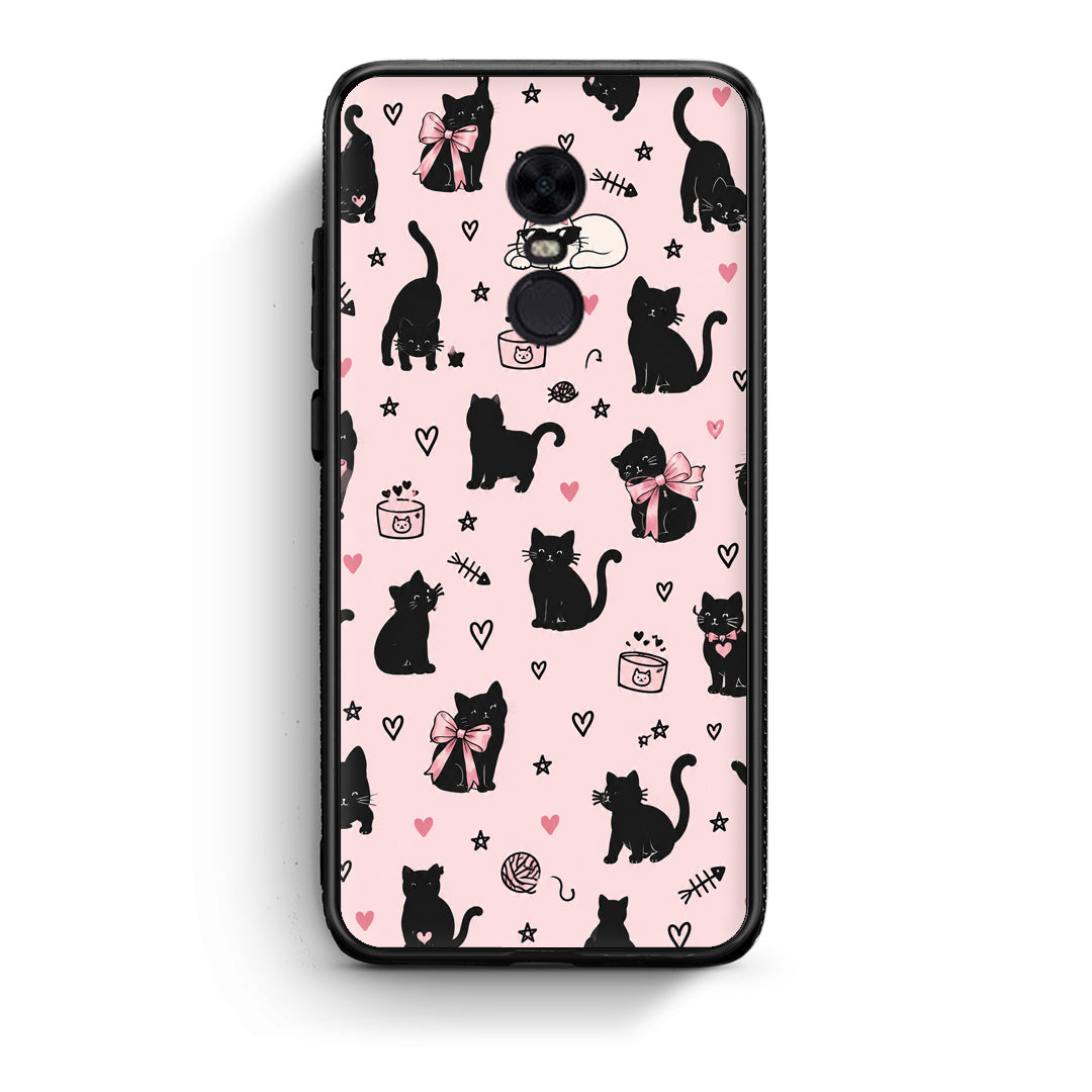 Θήκη Xiaomi Redmi 5 Plus Black Cat Doodles on Pink από τη Smartfits με σχέδιο στο πίσω μέρος και μαύρο περίβλημα | Xiaomi Redmi 5 Plus Black Cat Doodles on Pink case with colorful back and black bezels
