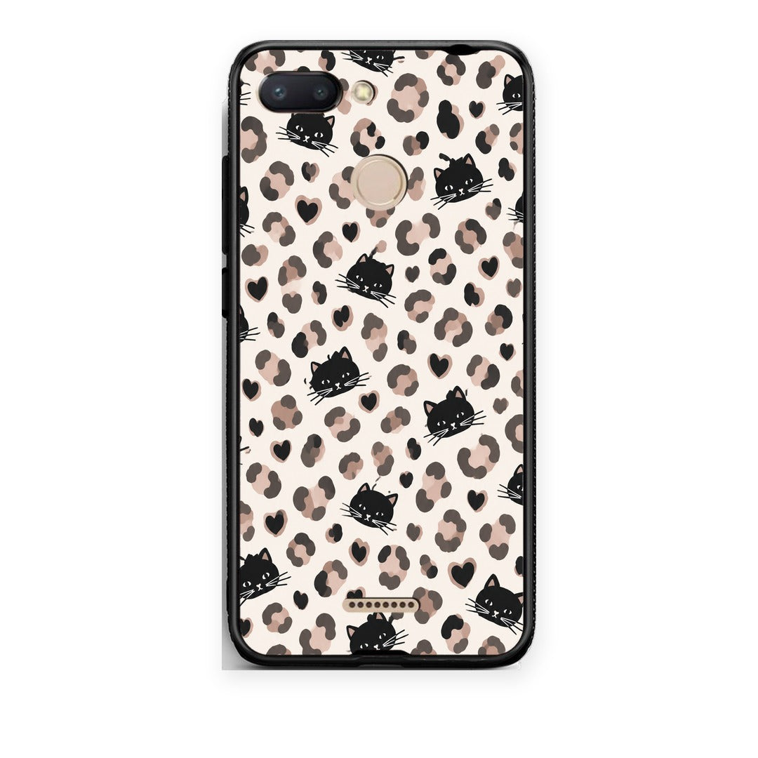 Θήκη Xiaomi Redmi 6 Leopard Spots and Black Cats on Cream από τη Smartfits με σχέδιο στο πίσω μέρος και μαύρο περίβλημα | Xiaomi Redmi 6 Leopard Spots and Black Cats on Cream case with colorful back and black bezels
