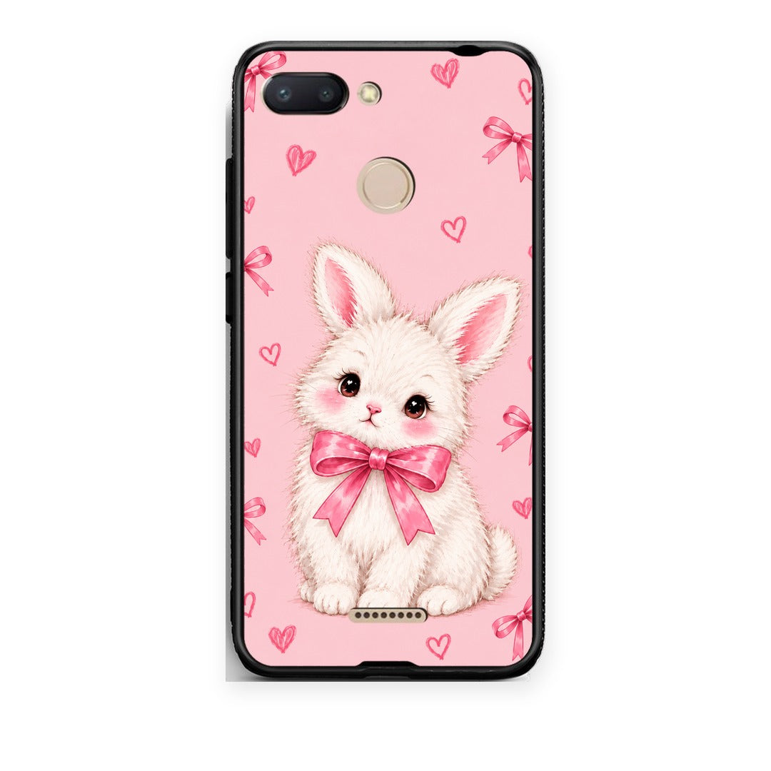 Θήκη Xiaomi Redmi 6 White Bunny and Pink Bows από τη Smartfits με σχέδιο στο πίσω μέρος και μαύρο περίβλημα | Xiaomi Redmi 6 White Bunny and Pink Bows case with colorful back and black bezels