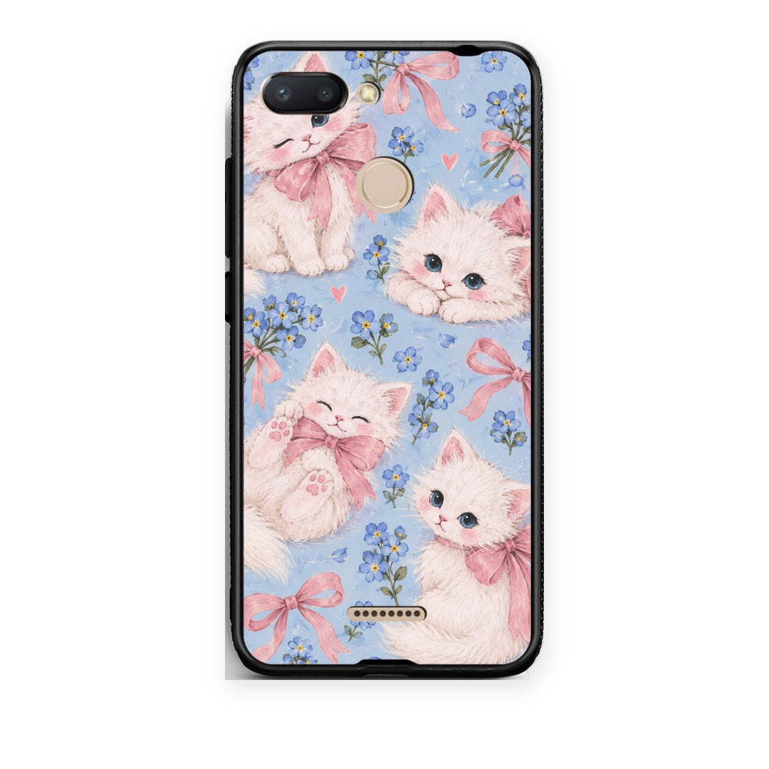 Θήκη Xiaomi Redmi 6 White Kittens and Blue Flowers Large από τη Smartfits με σχέδιο στο πίσω μέρος και μαύρο περίβλημα | Xiaomi Redmi 6 White Kittens and Blue Flowers Large case with colorful back and black bezels