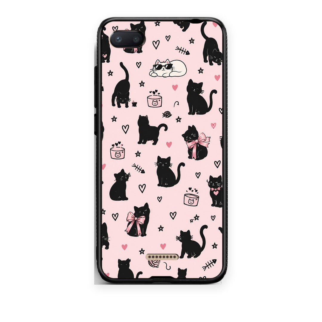 Θήκη Xiaomi Redmi 6A Black Cat Doodles on Pink από τη Smartfits με σχέδιο στο πίσω μέρος και μαύρο περίβλημα | Xiaomi Redmi 6A Black Cat Doodles on Pink case with colorful back and black bezels
