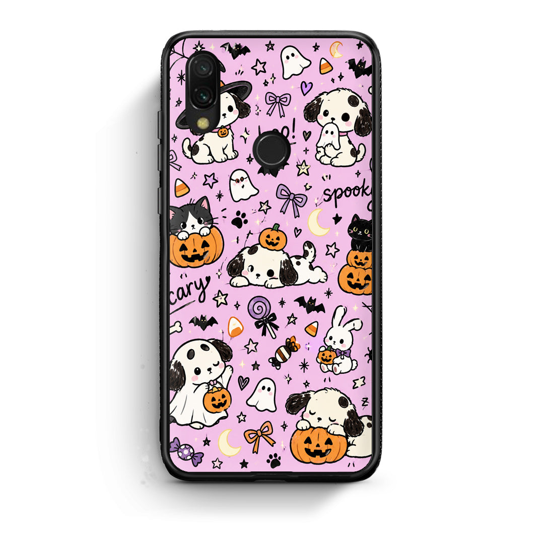Θήκη Xiaomi Redmi 7 Halloween Puppies and Friends on Lilac από τη Smartfits με σχέδιο στο πίσω μέρος και μαύρο περίβλημα | Xiaomi Redmi 7 Halloween Puppies and Friends on Lilac case with colorful back and black bezels