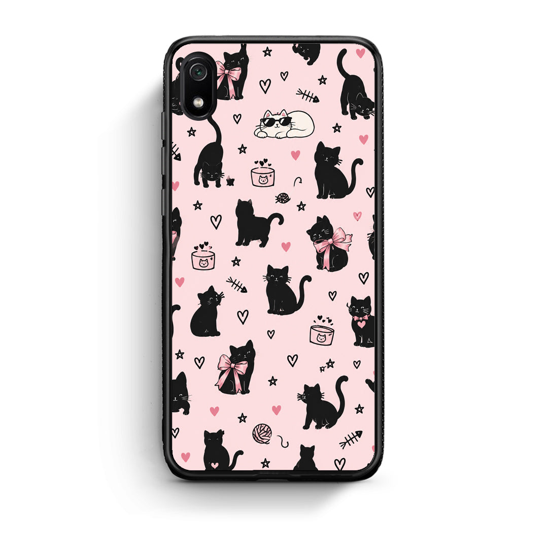 Θήκη Xiaomi Redmi 7A Black Cat Doodles on Pink από τη Smartfits με σχέδιο στο πίσω μέρος και μαύρο περίβλημα | Xiaomi Redmi 7A Black Cat Doodles on Pink case with colorful back and black bezels