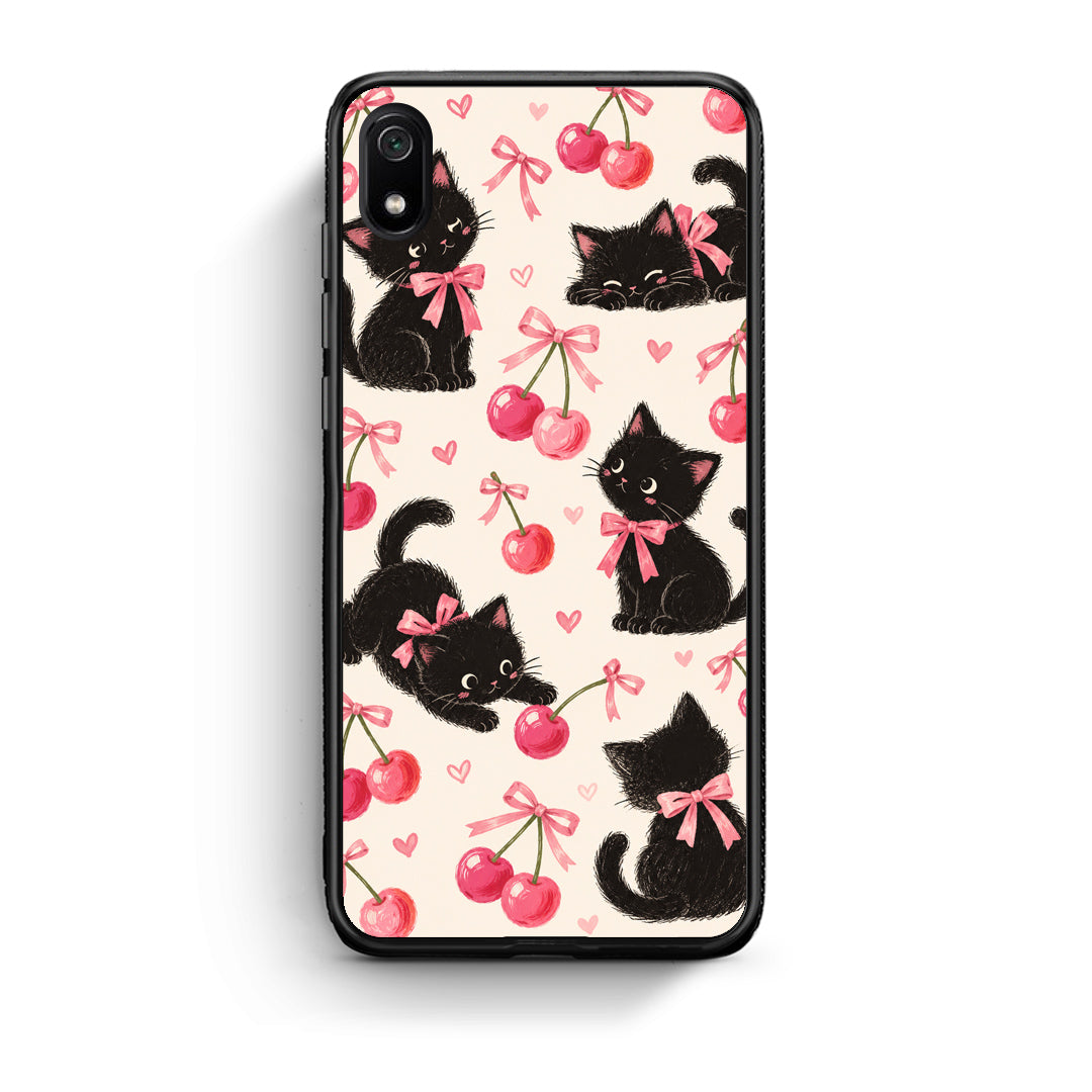 Θήκη Xiaomi Redmi 7A Black Kittens and Cherries on Cream από τη Smartfits με σχέδιο στο πίσω μέρος και μαύρο περίβλημα | Xiaomi Redmi 7A Black Kittens and Cherries on Cream case with colorful back and black bezels
