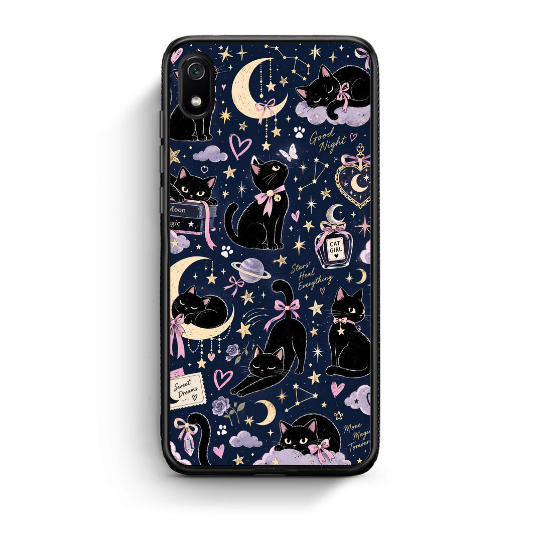 Θήκη Xiaomi Redmi 7A Celestial Black Cats on Navy από τη Smartfits με σχέδιο στο πίσω μέρος και μαύρο περίβλημα | Xiaomi Redmi 7A Celestial Black Cats on Navy case with colorful back and black bezels