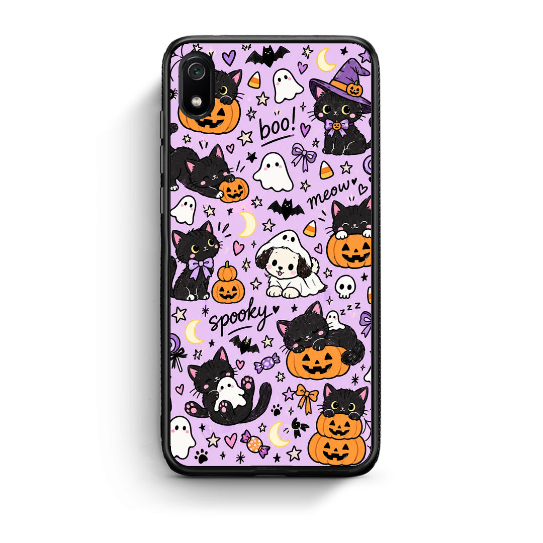 Θήκη Xiaomi Redmi 7A Halloween Black Cats on Lilac από τη Smartfits με σχέδιο στο πίσω μέρος και μαύρο περίβλημα | Xiaomi Redmi 7A Halloween Black Cats on Lilac case with colorful back and black bezels