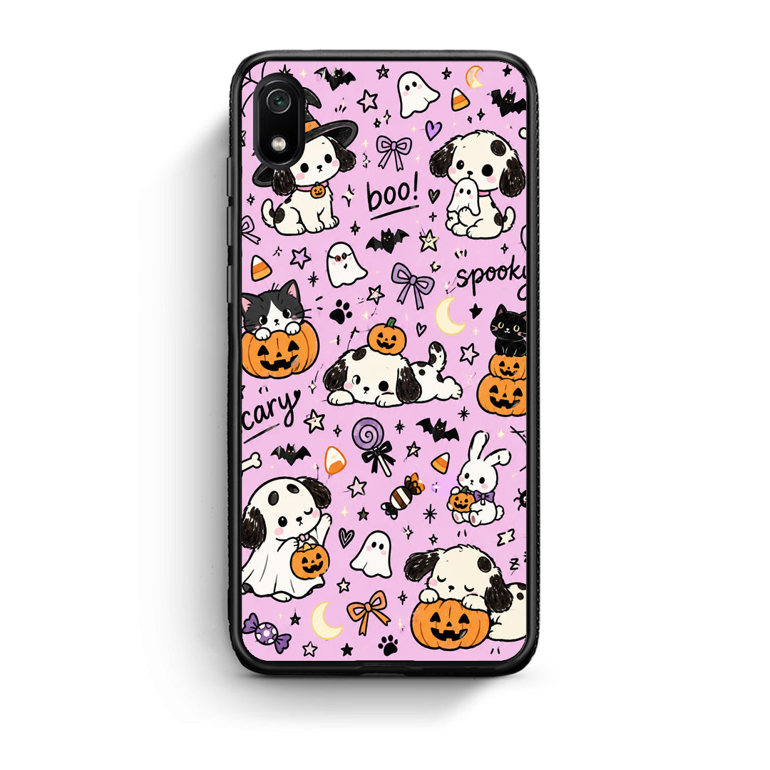 Θήκη Xiaomi Redmi 7A Halloween Puppies and Friends on Lilac από τη Smartfits με σχέδιο στο πίσω μέρος και μαύρο περίβλημα | Xiaomi Redmi 7A Halloween Puppies and Friends on Lilac case with colorful back and black bezels