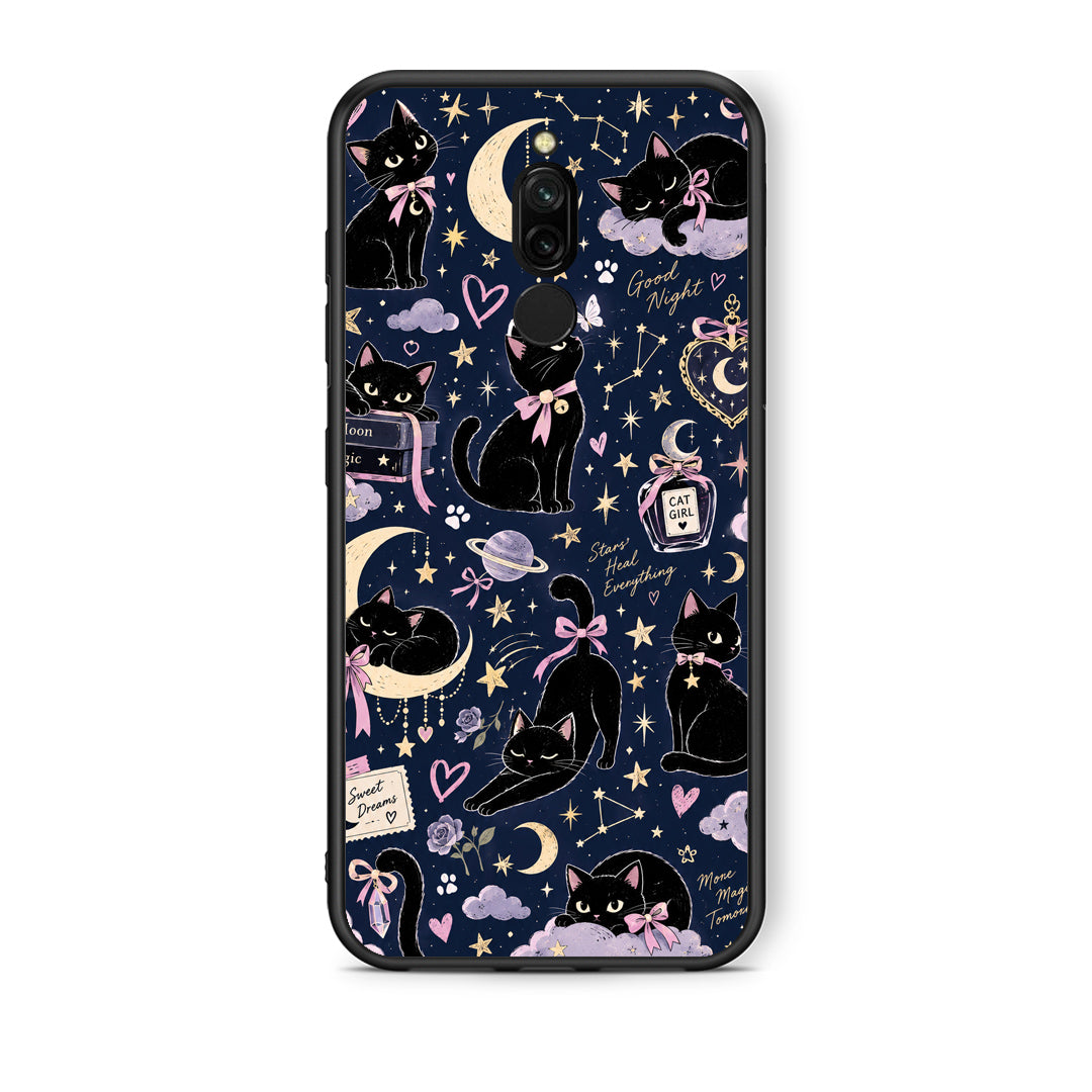 Θήκη Xiaomi Redmi 8 Celestial Black Cats on Navy από τη Smartfits με σχέδιο στο πίσω μέρος και μαύρο περίβλημα | Xiaomi Redmi 8 Celestial Black Cats on Navy case with colorful back and black bezels
