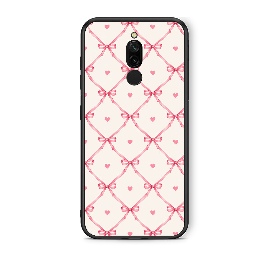 Θήκη Xiaomi Redmi 8 Pink Bow Lattice and Hearts on Cream από τη Smartfits με σχέδιο στο πίσω μέρος και μαύρο περίβλημα | Xiaomi Redmi 8 Pink Bow Lattice and Hearts on Cream case with colorful back and black bezels