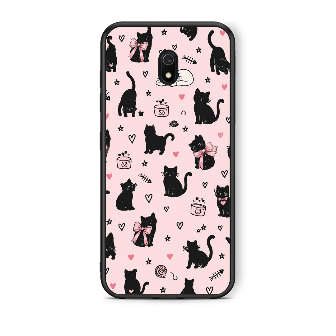 Θήκη Xiaomi Redmi 8A Black Cat Doodles on Pink από τη Smartfits με σχέδιο στο πίσω μέρος και μαύρο περίβλημα | Xiaomi Redmi 8A Black Cat Doodles on Pink case with colorful back and black bezels