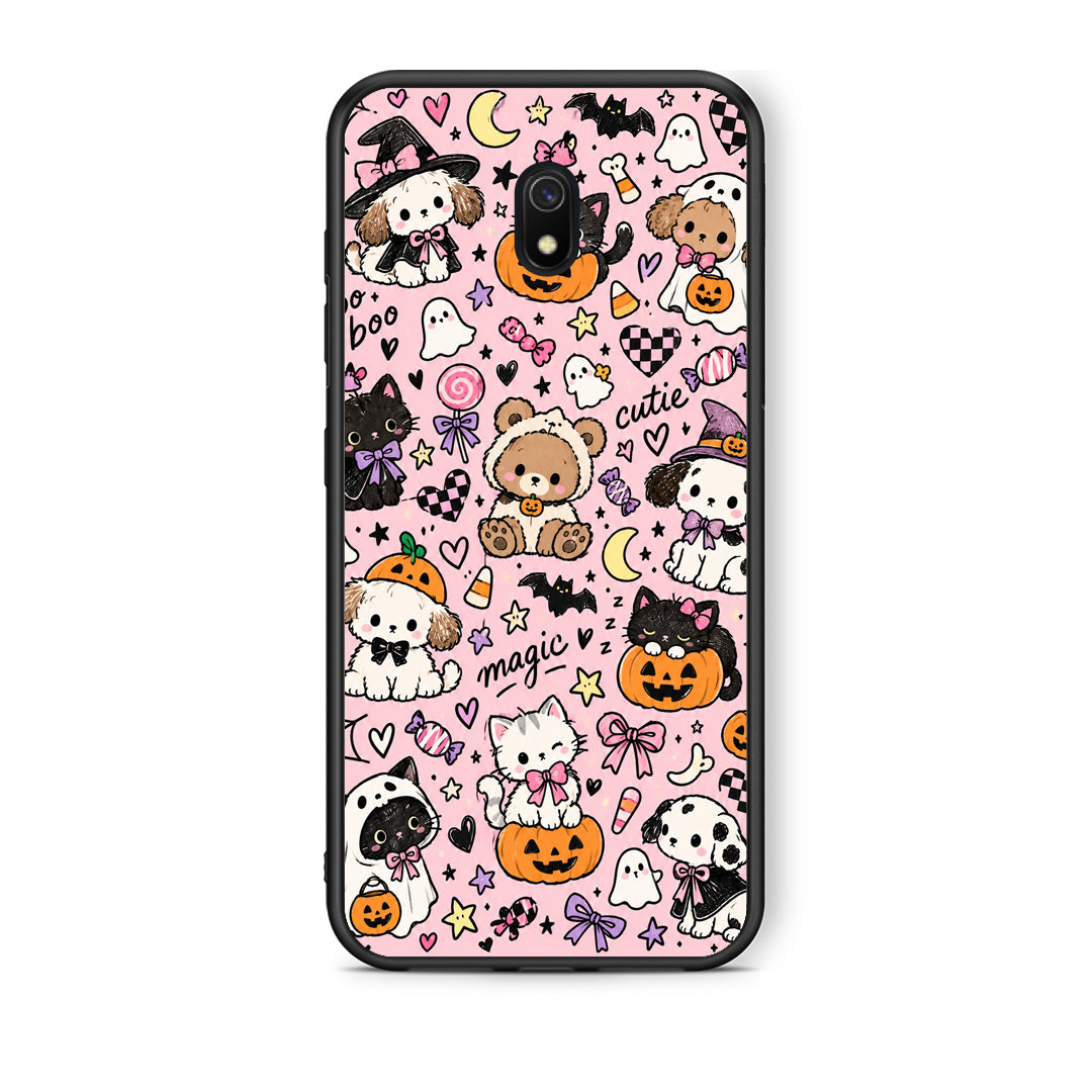 Θήκη Xiaomi Redmi 8A Halloween Cute Animals on Pink από τη Smartfits με σχέδιο στο πίσω μέρος και μαύρο περίβλημα | Xiaomi Redmi 8A Halloween Cute Animals on Pink case with colorful back and black bezels