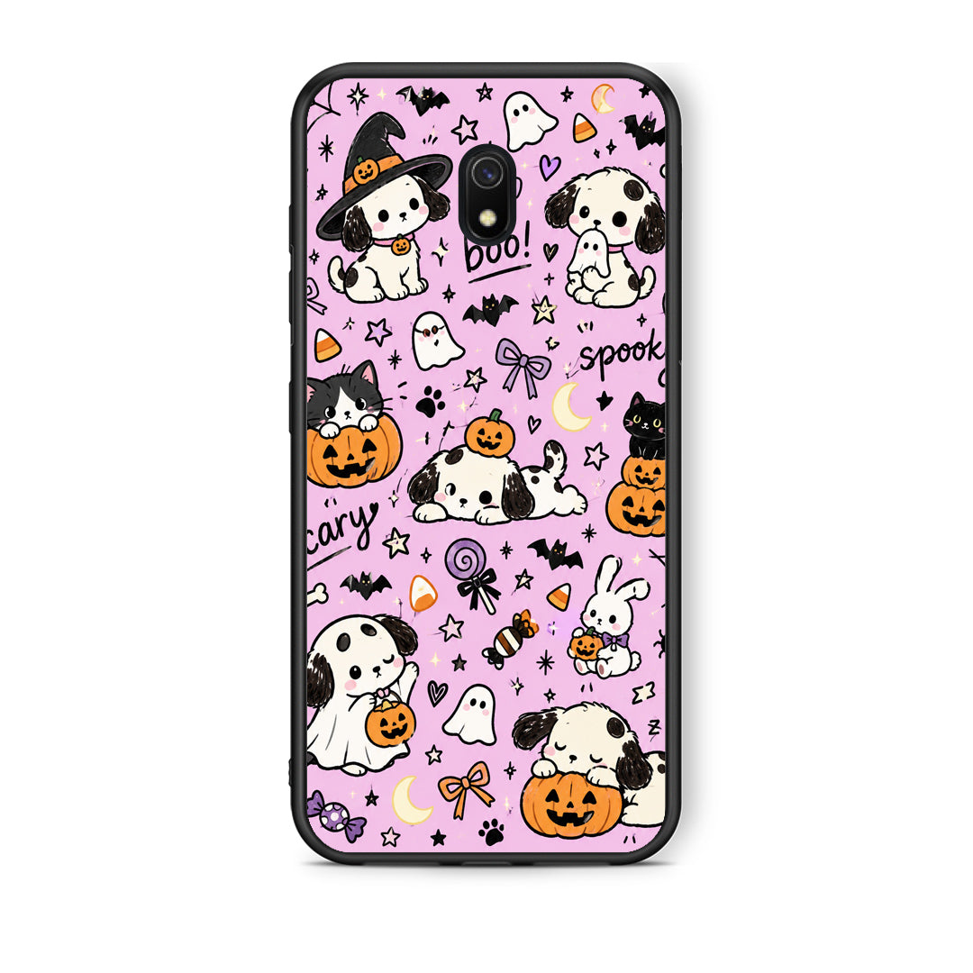 Θήκη Xiaomi Redmi 8A Halloween Puppies and Friends on Lilac από τη Smartfits με σχέδιο στο πίσω μέρος και μαύρο περίβλημα | Xiaomi Redmi 8A Halloween Puppies and Friends on Lilac case with colorful back and black bezels