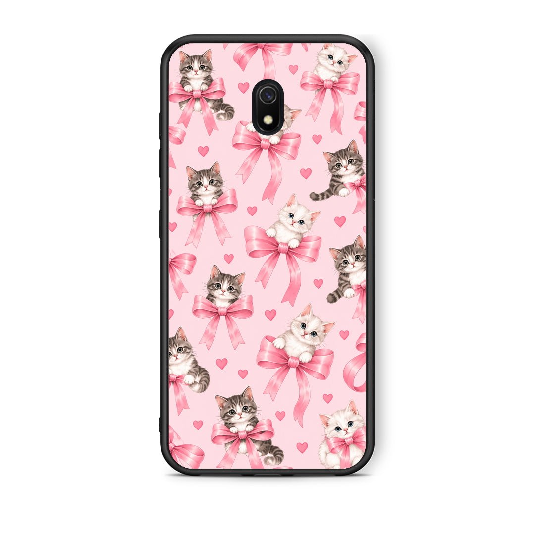 Θήκη Xiaomi Redmi 8A Kittens and Pink Bows on Pink από τη Smartfits με σχέδιο στο πίσω μέρος και μαύρο περίβλημα | Xiaomi Redmi 8A Kittens and Pink Bows on Pink case with colorful back and black bezels