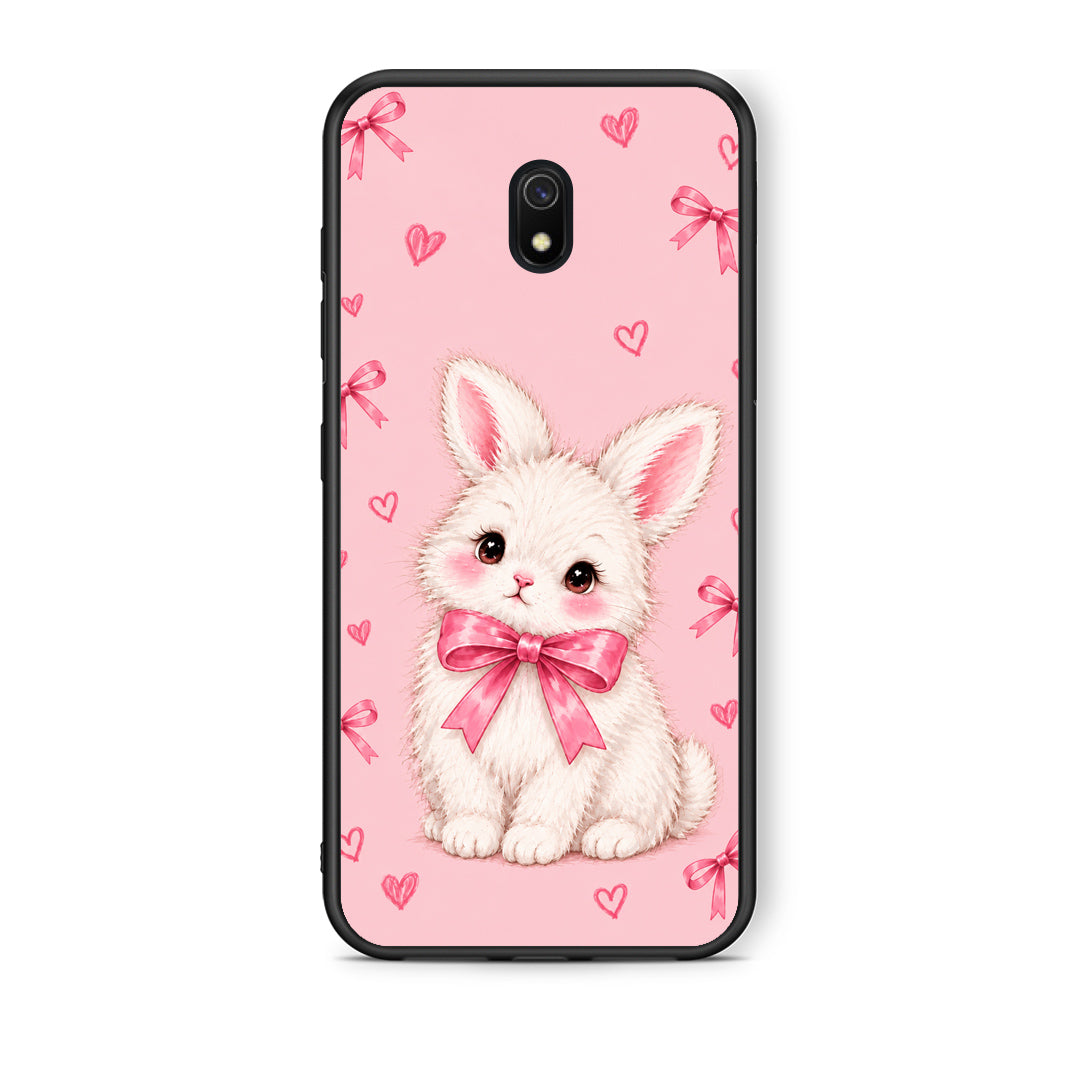 Θήκη Xiaomi Redmi 8A White Bunny and Pink Bows από τη Smartfits με σχέδιο στο πίσω μέρος και μαύρο περίβλημα | Xiaomi Redmi 8A White Bunny and Pink Bows case with colorful back and black bezels