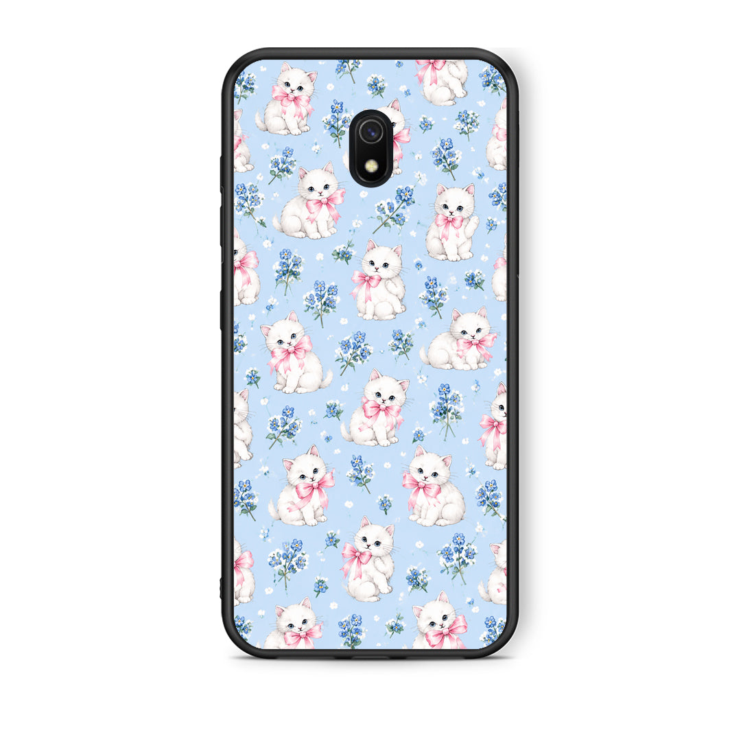 Θήκη Xiaomi Redmi 8A White Kittens and Blue Flowers Small από τη Smartfits με σχέδιο στο πίσω μέρος και μαύρο περίβλημα | Xiaomi Redmi 8A White Kittens and Blue Flowers Small case with colorful back and black bezels
