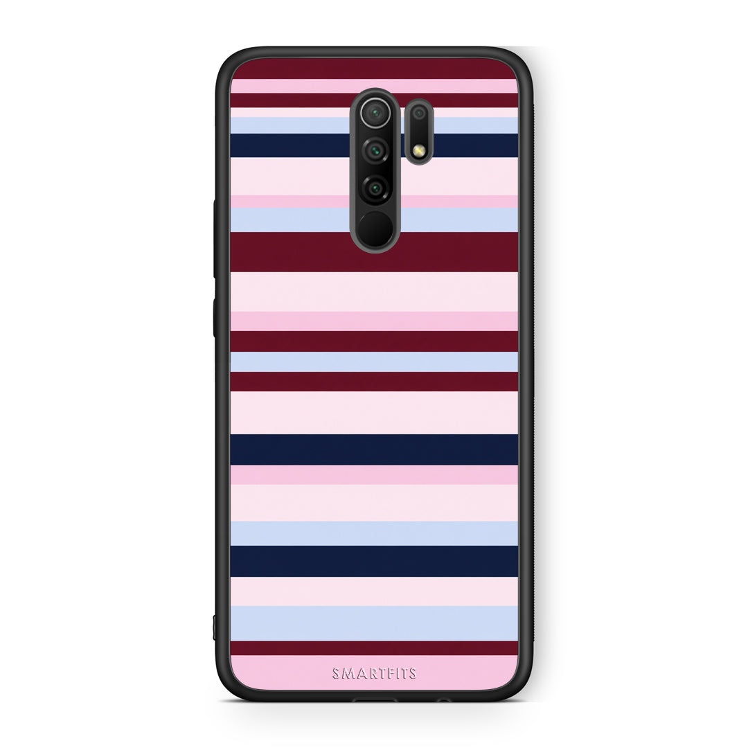 Θήκη Xiaomi Redmi 9 / 9 Prime Burgundy Pink and Blue Horizontal Stripes από τη Smartfits με σχέδιο στο πίσω μέρος και μαύρο περίβλημα | Xiaomi Redmi 9 / 9 Prime Burgundy Pink and Blue Horizontal Stripes case with colorful back and black bezels