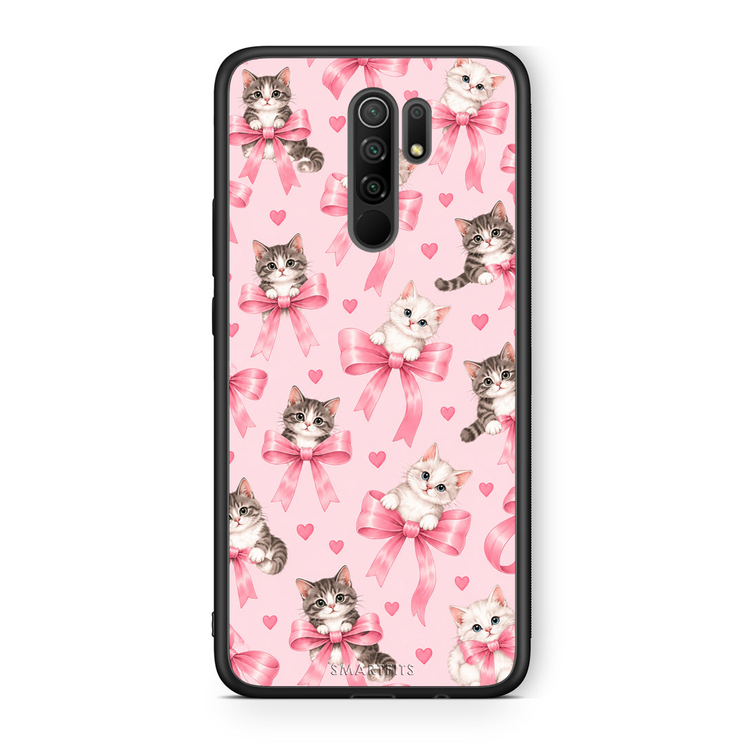 Θήκη Xiaomi Redmi 9 / 9 Prime Kittens and Pink Bows on Pink από τη Smartfits με σχέδιο στο πίσω μέρος και μαύρο περίβλημα | Xiaomi Redmi 9 / 9 Prime Kittens and Pink Bows on Pink case with colorful back and black bezels